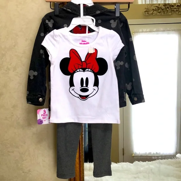 Minnie Mouse 3 piece black embroidered Jean jacket w/matching shirt/pants. Sz 4